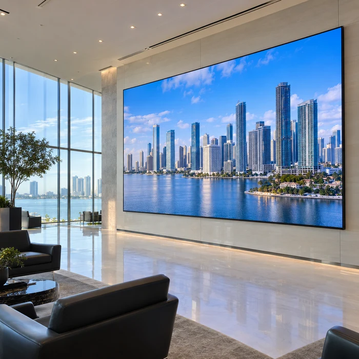 Indoor LED display showing a city skyline in a bright corporate lobby