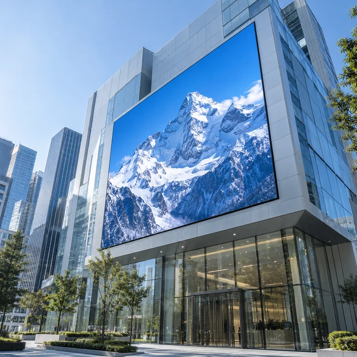 Outdoor LED display showing blue mountain scenery on a commercial building