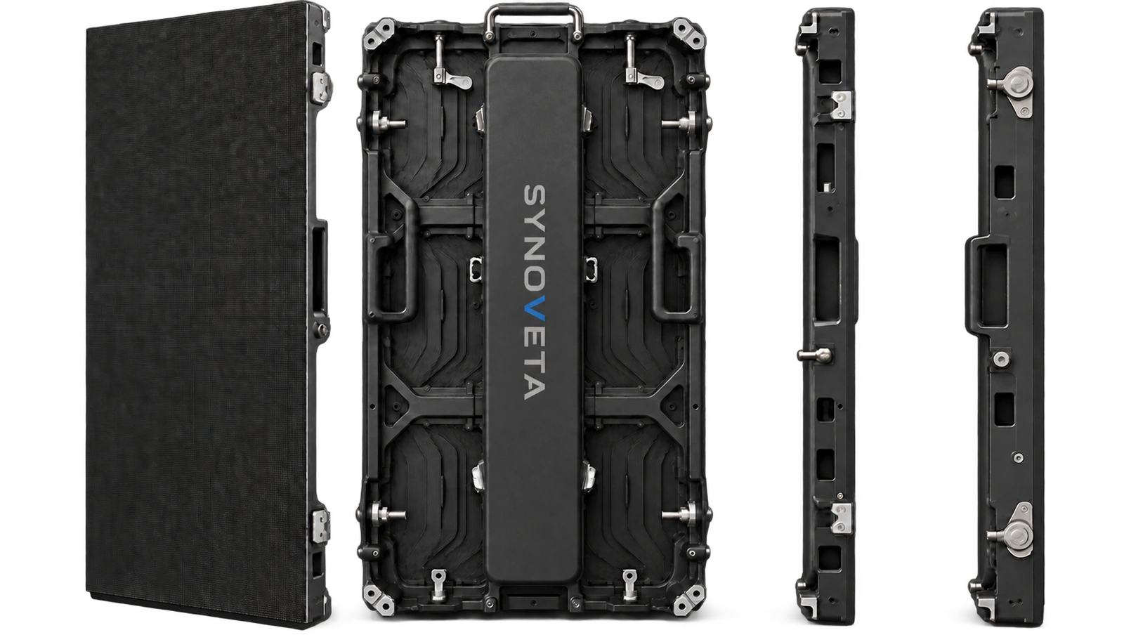 LED cabinet illustration with subtle vertical SYNOVETA branding on the rear service cover, shown with complete front and side views