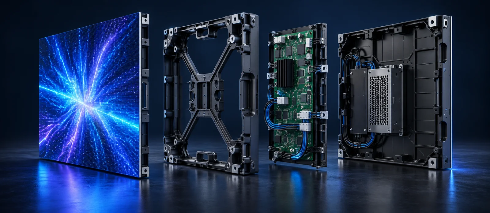 Conceptual exploded view of an LED module, cabinet frame, controller and rear enclosure
