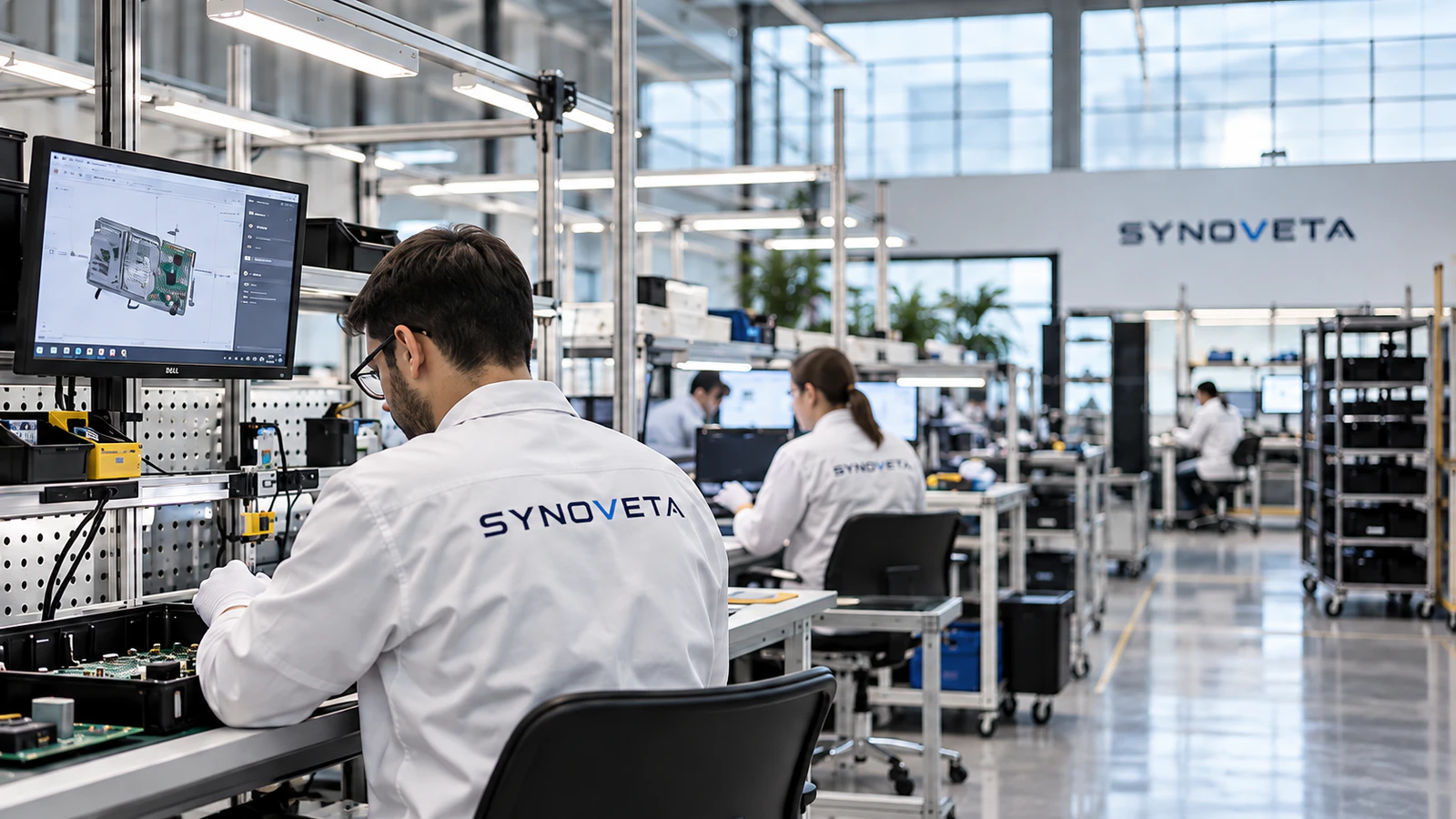 Technology specialists working in Synoveta's professional electronics assembly facility